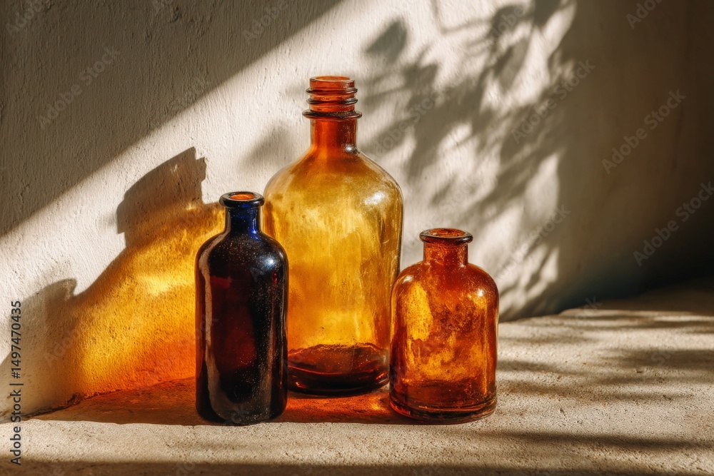 Poster glass bottles in warm sunlight casting shadows on a textured surface indoors during the afternoon