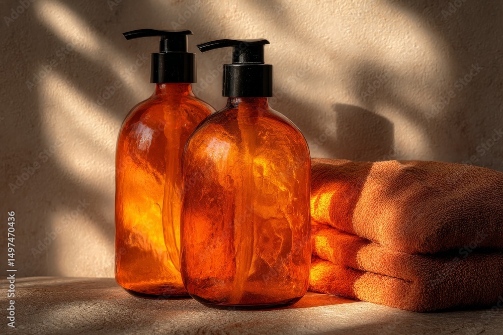 Poster elegant amber bottles and soft towels create a relaxing spa atmosphere in warm light