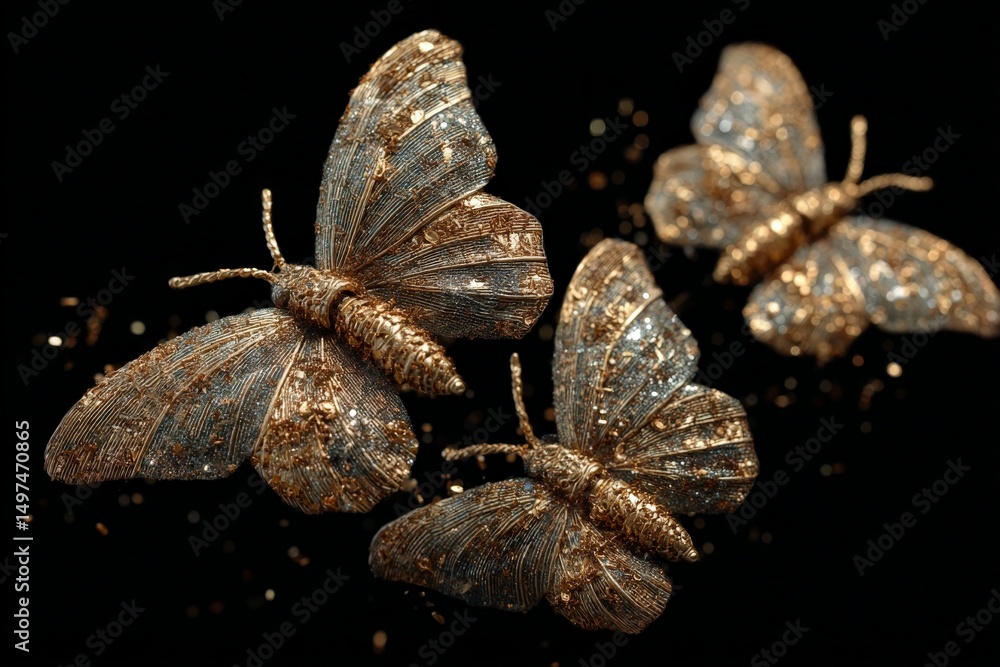 Poster delicate golden butterflies fluttering in a dark background with glimmering dust particles in evenin