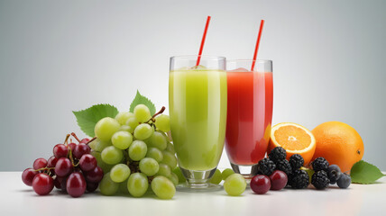 Two glasses of red and green fruit juice with straws, surrounded by fresh grapes, berries, oranges, and leaves on a white table with a neutral background.