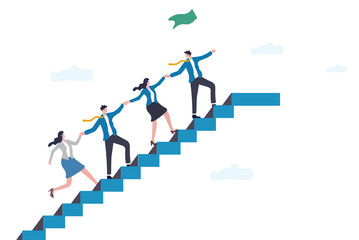 Team support help success, teamwork to progress and success together, company growth step or employee development, team achievement concept, business people team up holding hand help climb up stair