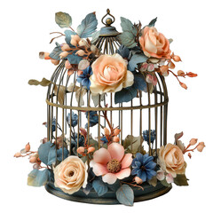 Vintage birdcage floral arrangement roses leaves elegant decoration art on transparent background