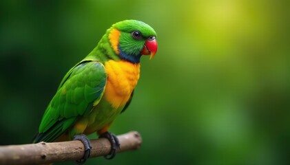 Obraz premium Vibrant ring-necked parrot, green & yellow plumage, perched on branch , animal, bird