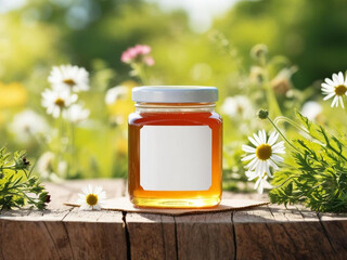 Blank label honey jar mockup on nature background