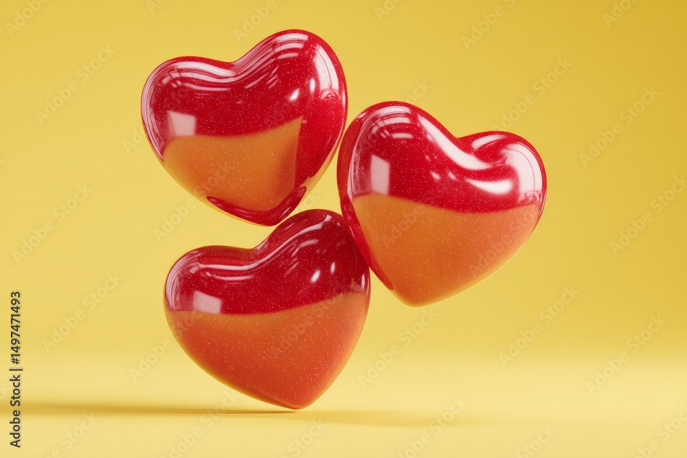 Poster colorful heart-shaped candies floating against a cheerful yellow backdrop create a joyful and vibran