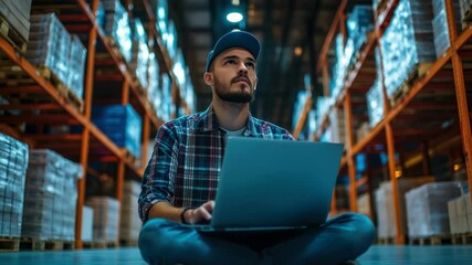 Young warehouse worker analyzing logistics with laptop in large distribution center - Powered by Adobe