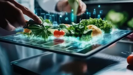 Culinary innovation concept: Chef using a digital interface for food selection - Powered by Adobe