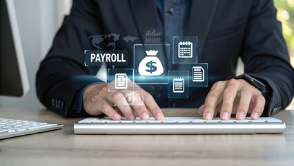 Payroll Management and Salary Processing System. Businesswoman calculates payroll, with icons representing employee salaries management, payment scheduling, efficient payroll, financial documentation,
