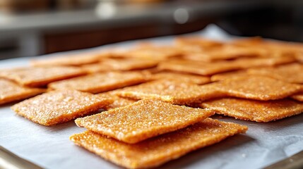 Crispy, orange-hued squares on baking sheet
