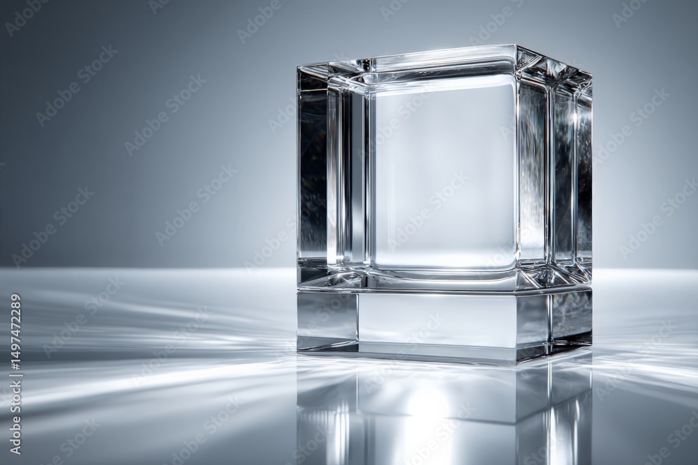 Poster Clear glass cube reflects light in a minimalist setting with soft shadows and a modern feel