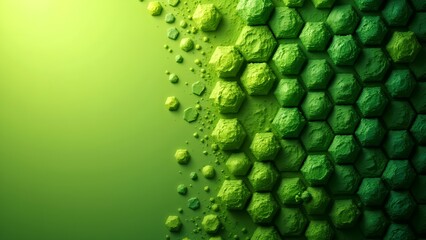 Abstract green hexagonal shapes form a textured, gradient pattern from right to left on a smooth background.