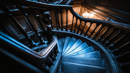 Spiraling Staircase: A captivating aerial view of a grand, curved staircase with intricate wooden details, casting shadows and highlighting its architectural elegance. 