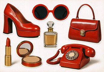 Retro composition of classic 1970s accessories including red cosmetics fashion items in vintage magazine print style. 70s print red platform shoe, sunglasses, handbag, lipstick, blush, perfume, phone