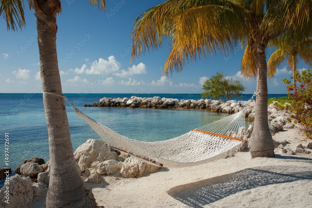 Poster relaxing hammock on a beach by the calm ocean under palm trees in the tropical sun