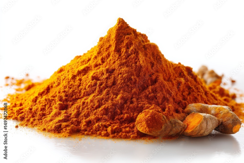 Poster turmeric powder and roots displayed in a vibrant pile with bright orange color at a market setting