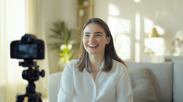 Cheerful young woman in front of a camera in a living room. The photo is taken behind the camera on tripod.