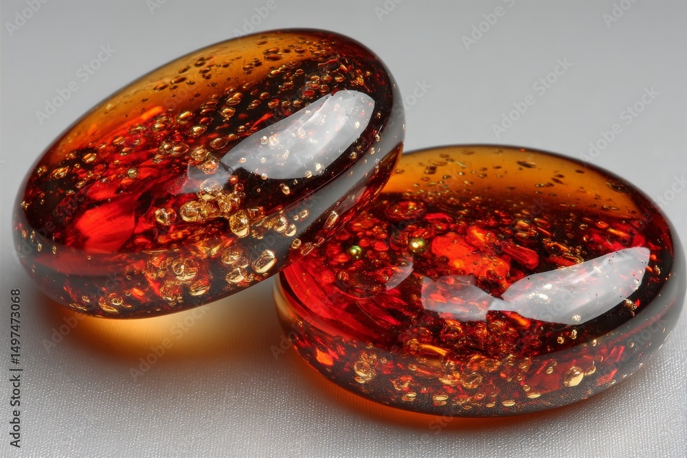 Poster elegant resin pieces with bubbles showcasing amber hues and intricate details in soft lighting