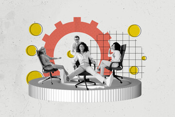 3D photo collage sketch template artwork of cogwheel huge coins company man three woman sit relax...