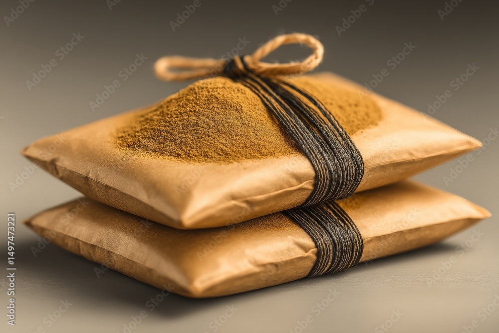 Poster brown packages containing aromatic spices bound with twine on a neutral background