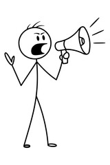Cartoon stick figure shouting through megaphone. Vector illustration of loud announcement or protest concept.
