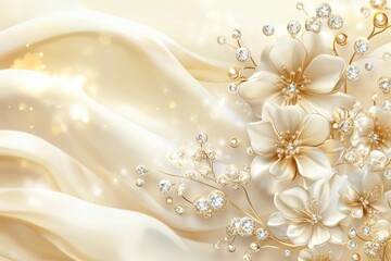 Elegant background of cream silk with golden flowers and diamond accents. Use for luxury designs, greetings, invitations, or celebratory presentations.