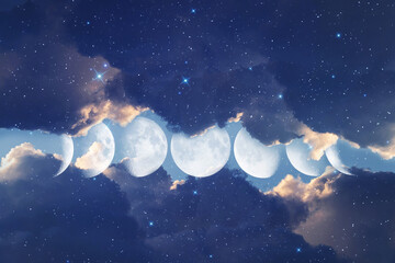 Beautiful fantastic astrological background with dark clouds stars and moon phases