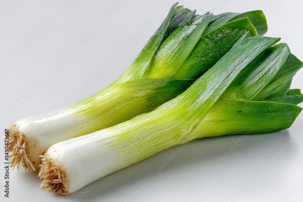 Poster fresh leeks ready for preparation in a kitchen setting during daylight hours