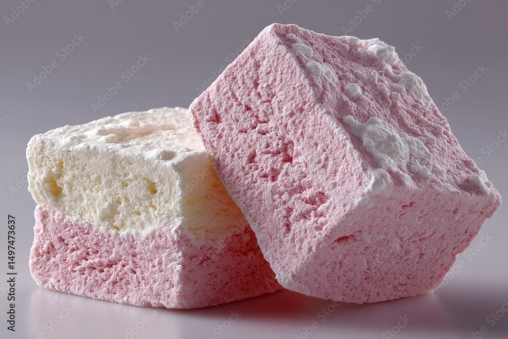Poster delightful marshmallows in pink and white stacked on a plain background