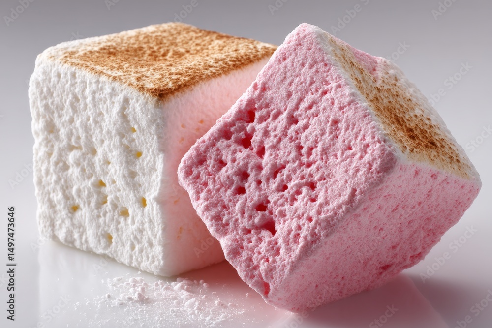 Poster colorful toasted marshmallows displayed on a white surface under soft lighting