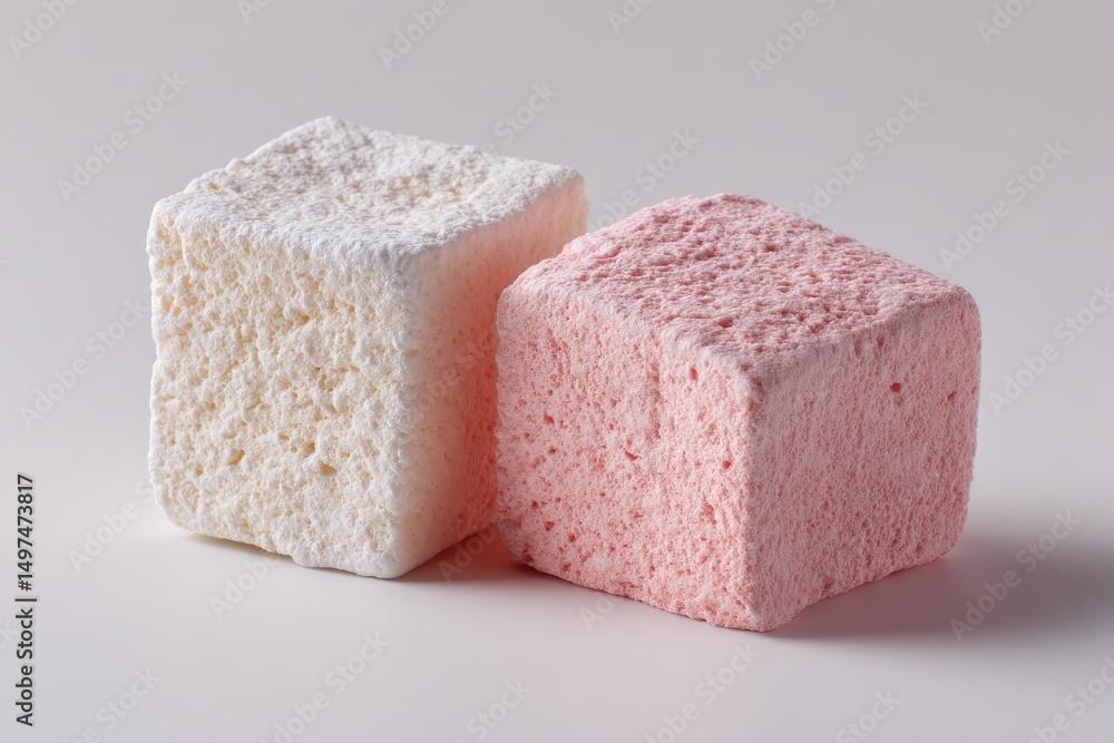 Poster soft marshmallow cubes in white and pink colors arranged on a flat surface showcasing their texture 