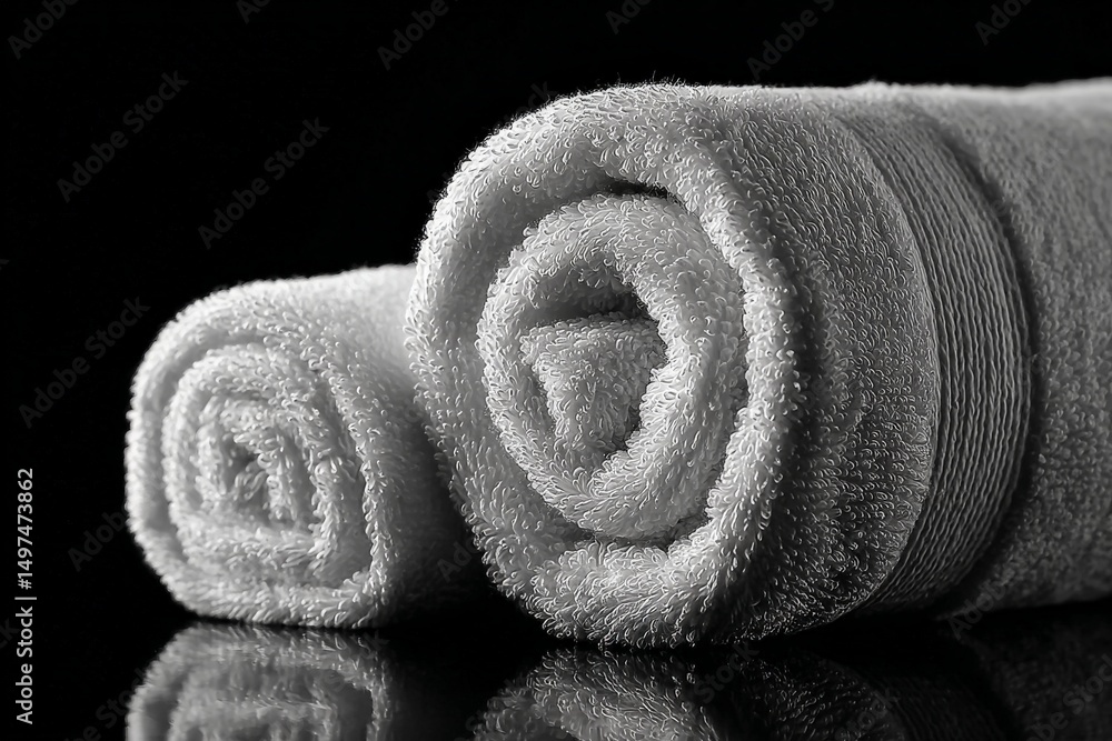 Poster Soft white towels rolled neatly on a reflective surface with a dark background creating a serene atmosphere