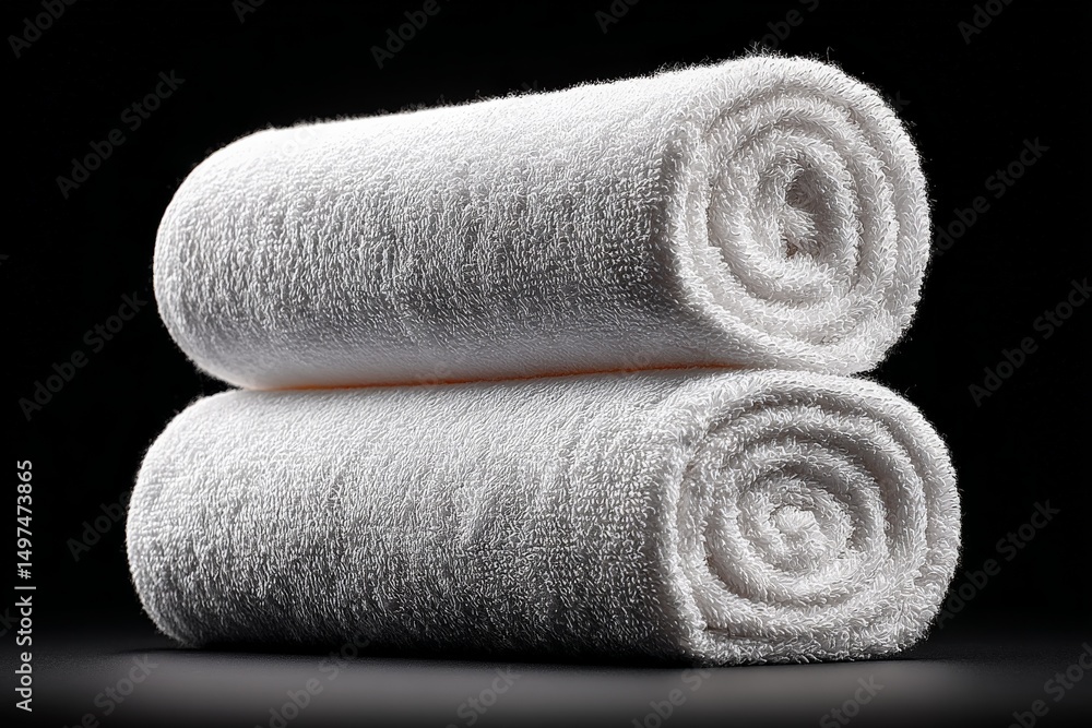 Poster soft white towels rolled neatly on a dark background showcasing their texture and quality