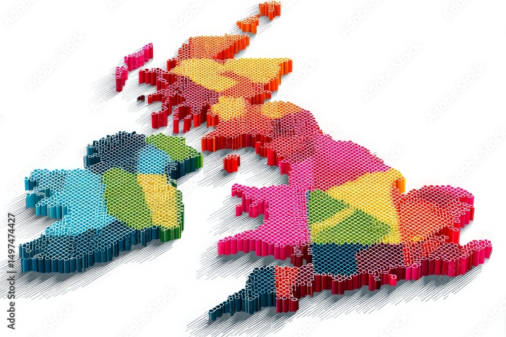 Poster colorful 3d map of the united kingdom and ireland showcasing different regions with hexagonal patter