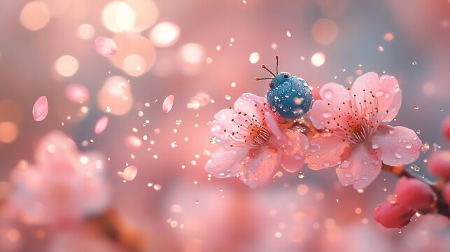 Cherry blossom scene bathed soft golden light pastel pink petals gently drifting through air shallow depth of field dreamy bokeh motion blur petals they fall shot an 85mm f14 lens no humans no text