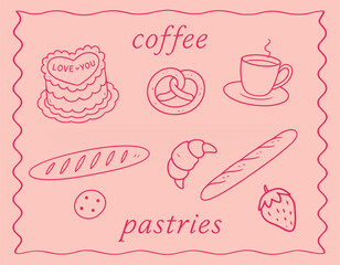 Coffee and pastries doodle set – hand drawn bakery and dessert icons