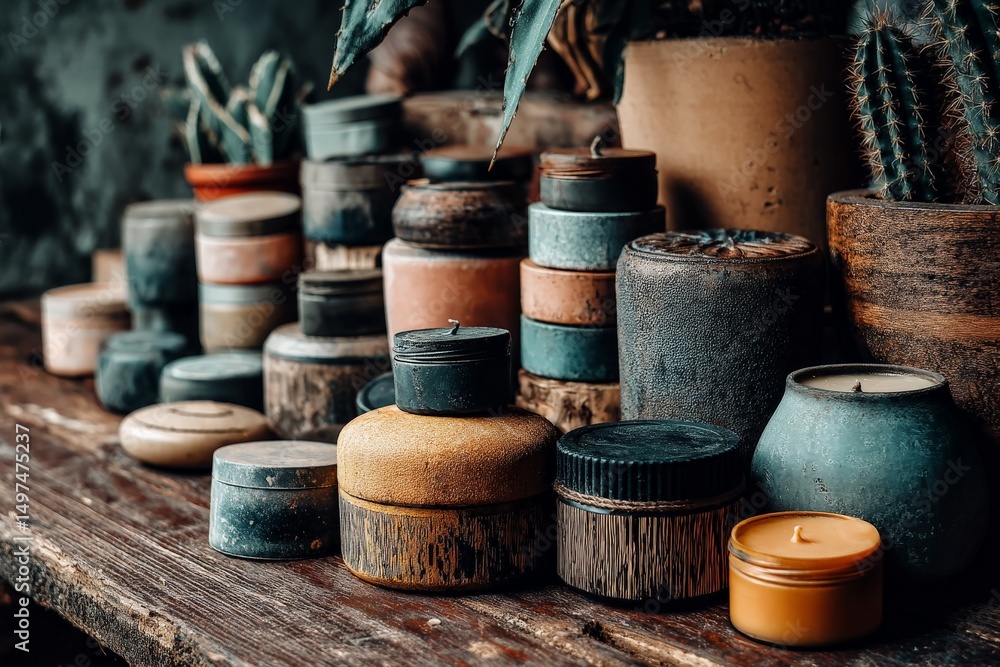 Aufkleber decorative candles arranged on a rustic wooden shelf in a cozy indoor setting