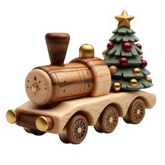 Christmas wooden train toy with christmas tree holiday decoration gift on transparent background