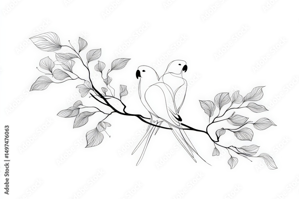 Poster two birds perched on a branch surrounded by leaves in a minimalist line drawing style