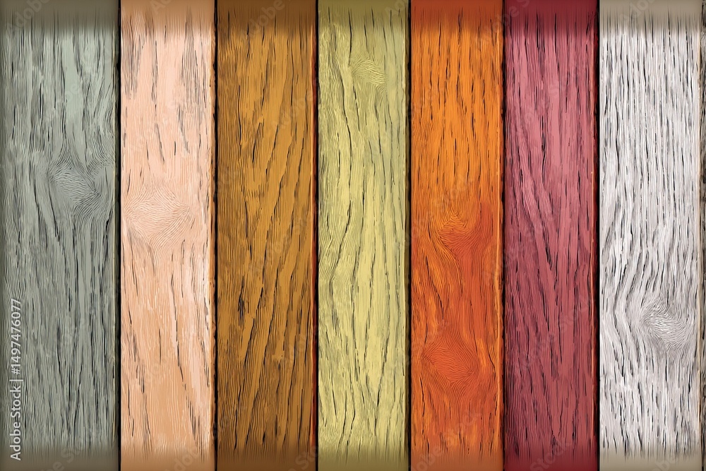 Poster colorful wooden planks arranged in a pattern, showcasing various shades and grains, creating a warm 