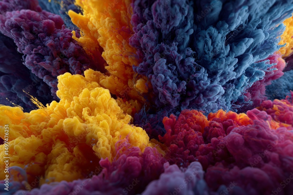 Poster Vivid clouds of color mixing to create an abstract flow of purple, yellow, and blue pigments in a mesmerizing display