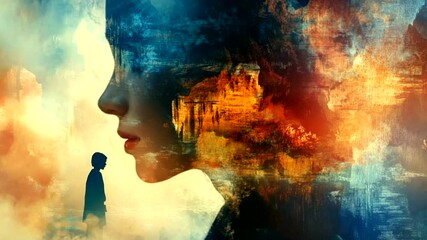 Surreal portrait of a young person with a colorful, abstract background representing emotions - Powered by Adobe