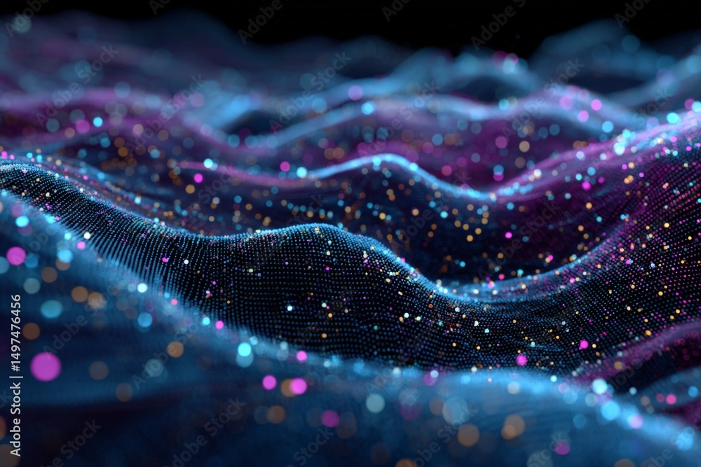 Poster visually striking digital landscape depicting colorful waves of particles in a dark environment
