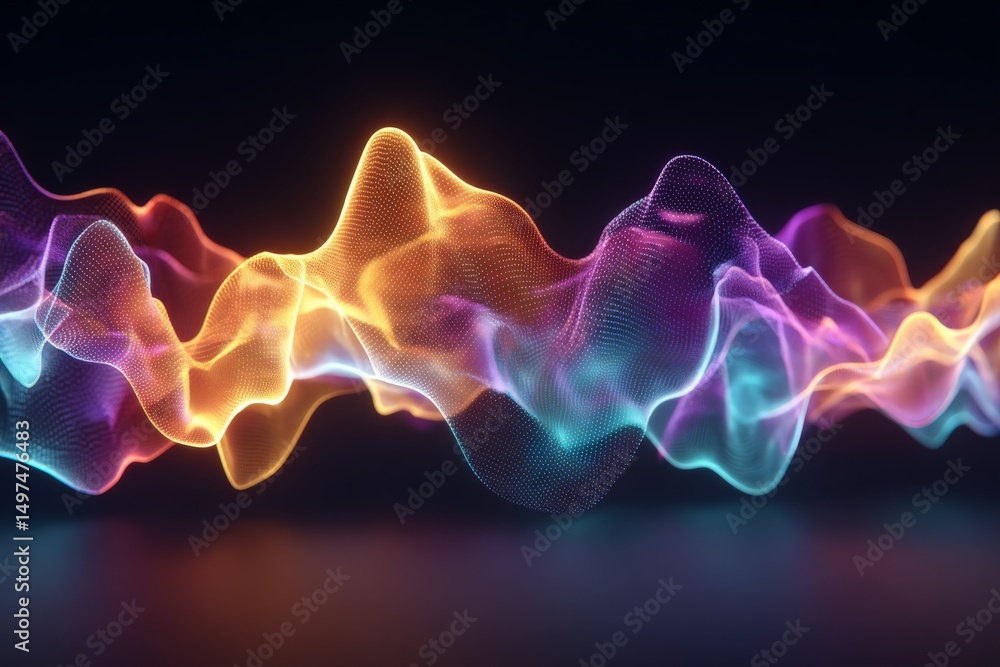Aufkleber Colorful wave patterns create a visual representation of sound in a digital space at night
