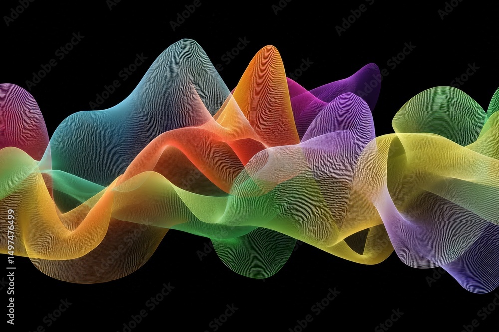 Poster Colorful flowing waves of abstract design create a mesmerizing visual experience against a black background