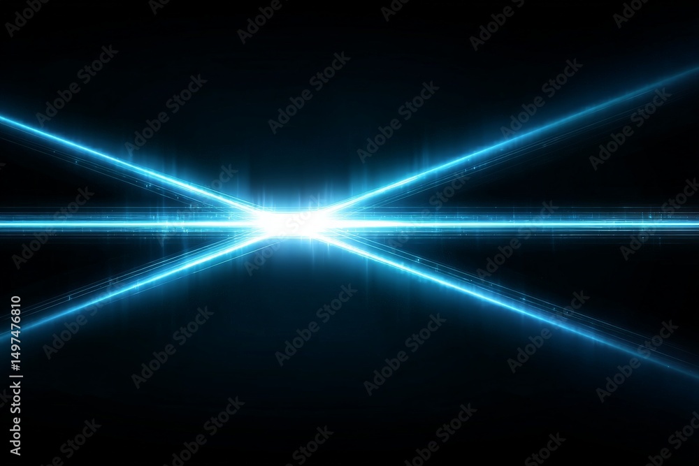 Poster Bright blue light beams intersecting against a dark background creating a dynamic visual effect