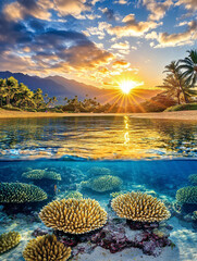 Tropical Paradise Stunning Sunset over Coral Reef and Beach