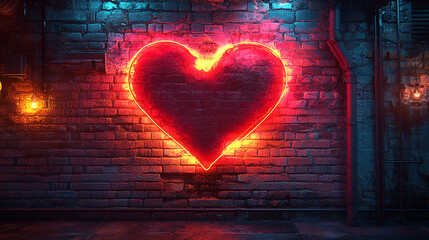 Neon heart sign on a brick wall in a dark alley.