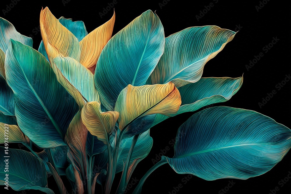 Poster Vibrant green and yellow leaves creating a lively display in a dark backdrop, showcasing intricate patterns and textures