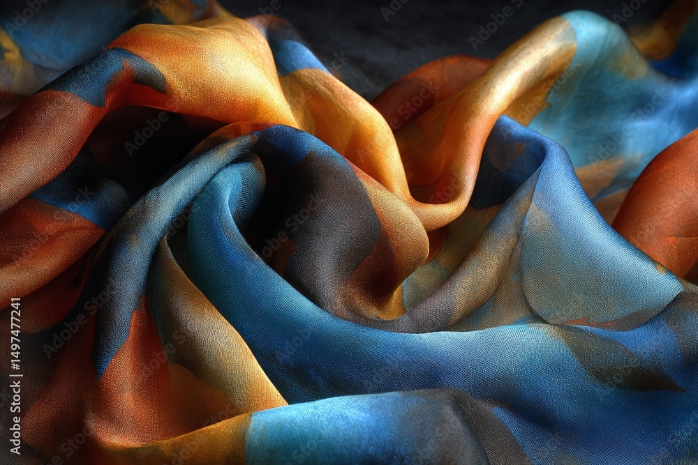 Poster colorful silk fabric draped artistically on a surface in soft light showcasing intricate patterns an