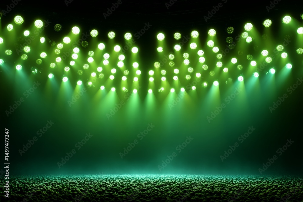 Poster spotlights illuminate a stage with vibrant green lighting for an upcoming performance or event in a 